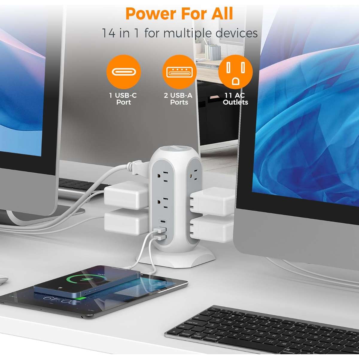 Tower Power Strip Flat Plug with 11 Sockets 3 USB