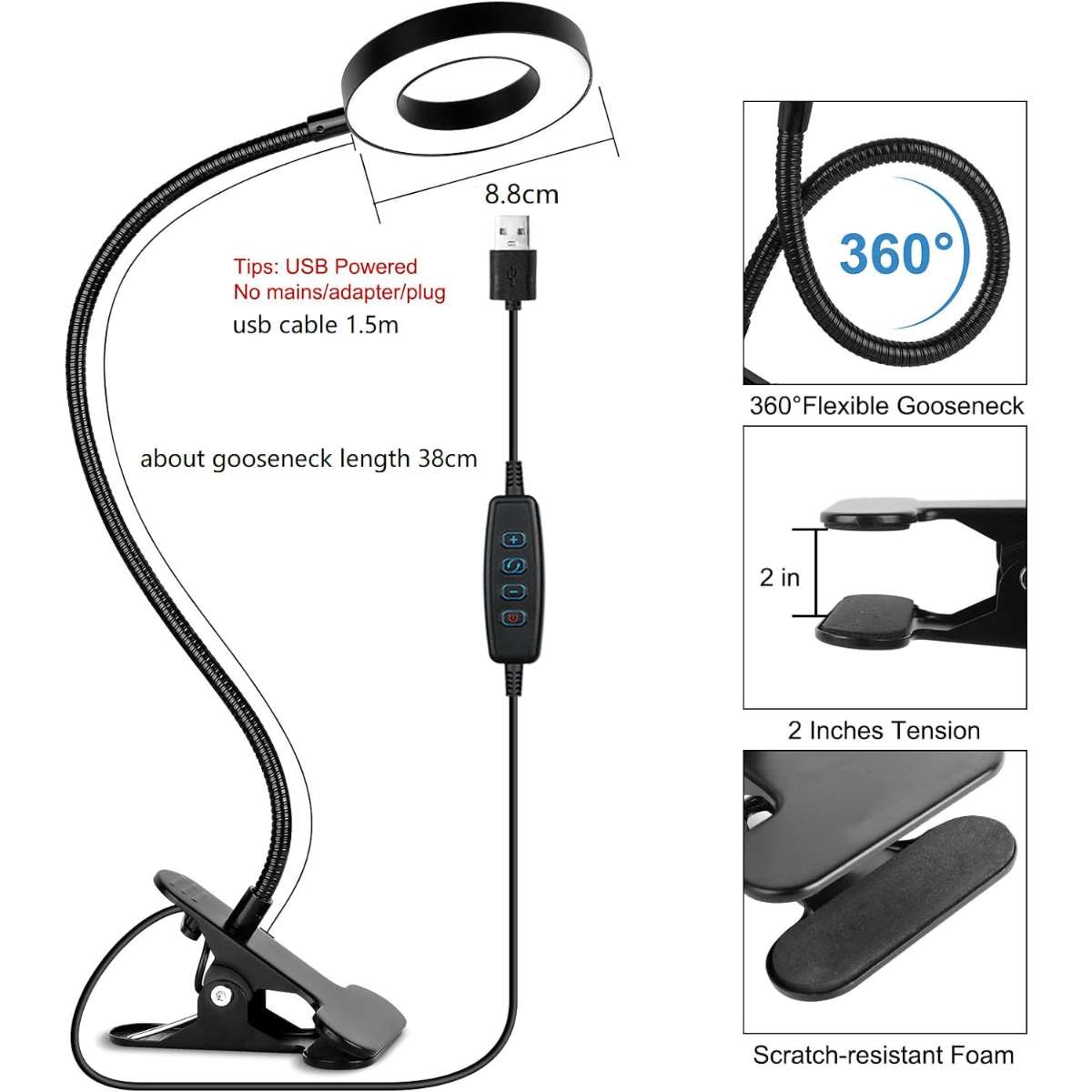 Desk clamp lamp with 10 dimmable brightnesses