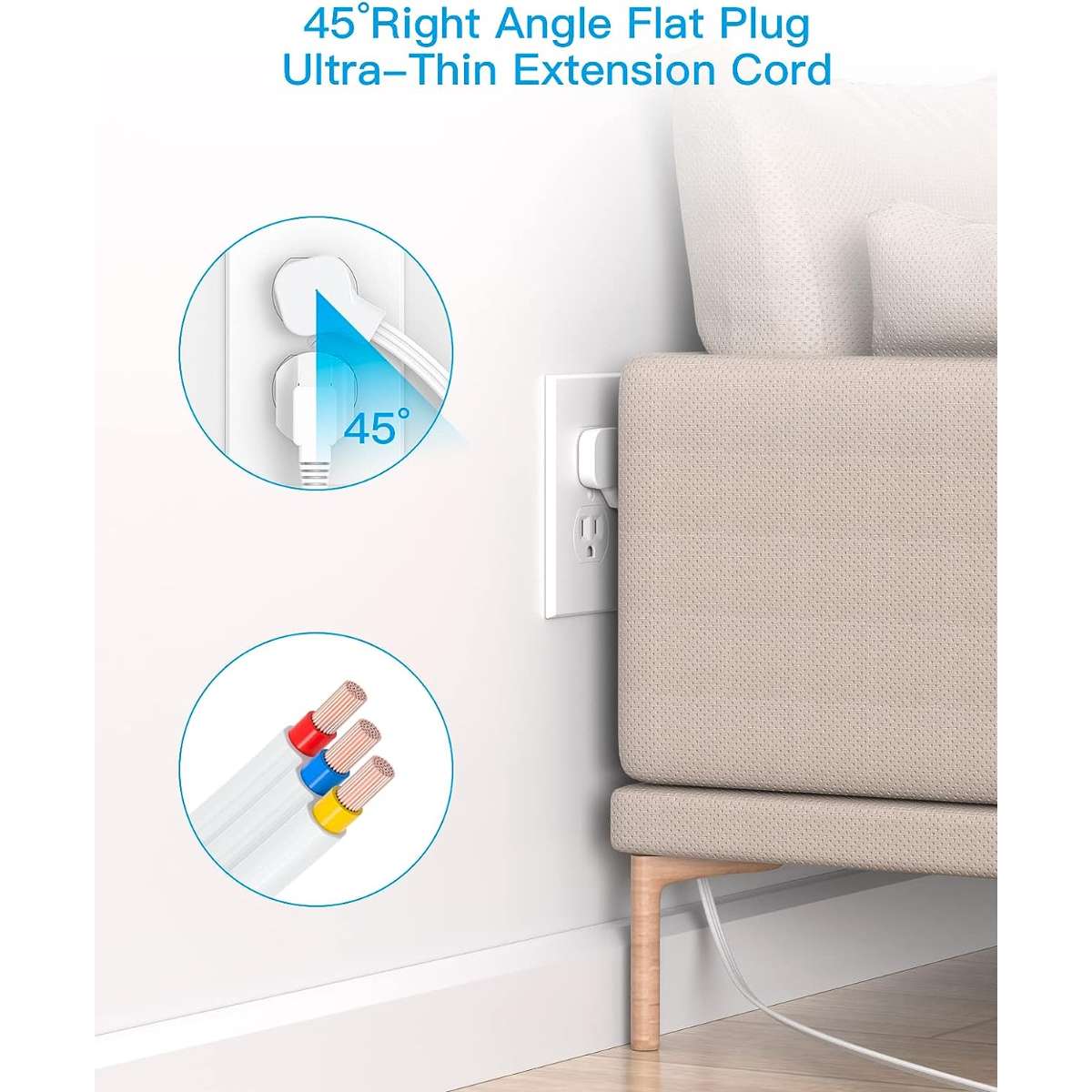 Flat plug power strip, 6 sockets 3 USB ports (2 USB C)