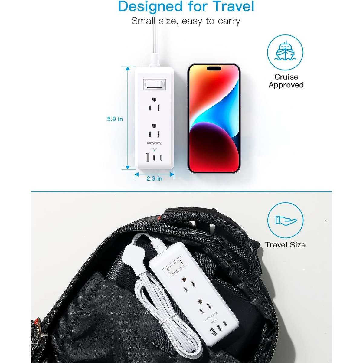 Flat plug power strip, 6 sockets 3 USB ports (2 USB C)