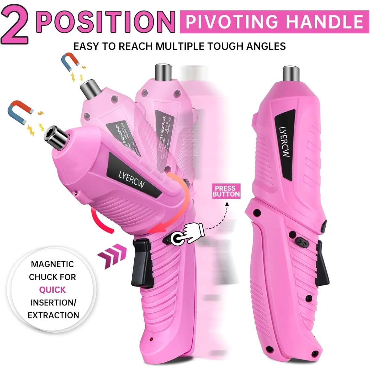 Pink cordless screwdriver set with rechargeable battery and charger