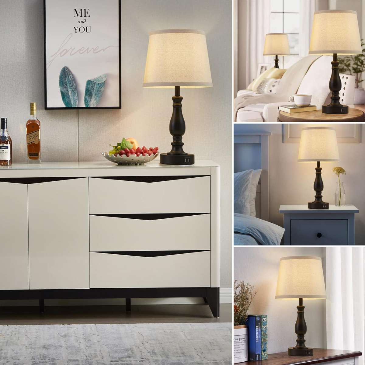Bedroom light 2-piece set, touch bedside table lamp with USB port