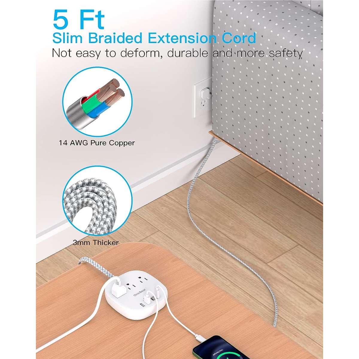Flat Plug Power Strip, 5 ft Ultra Flat Extension Cord
