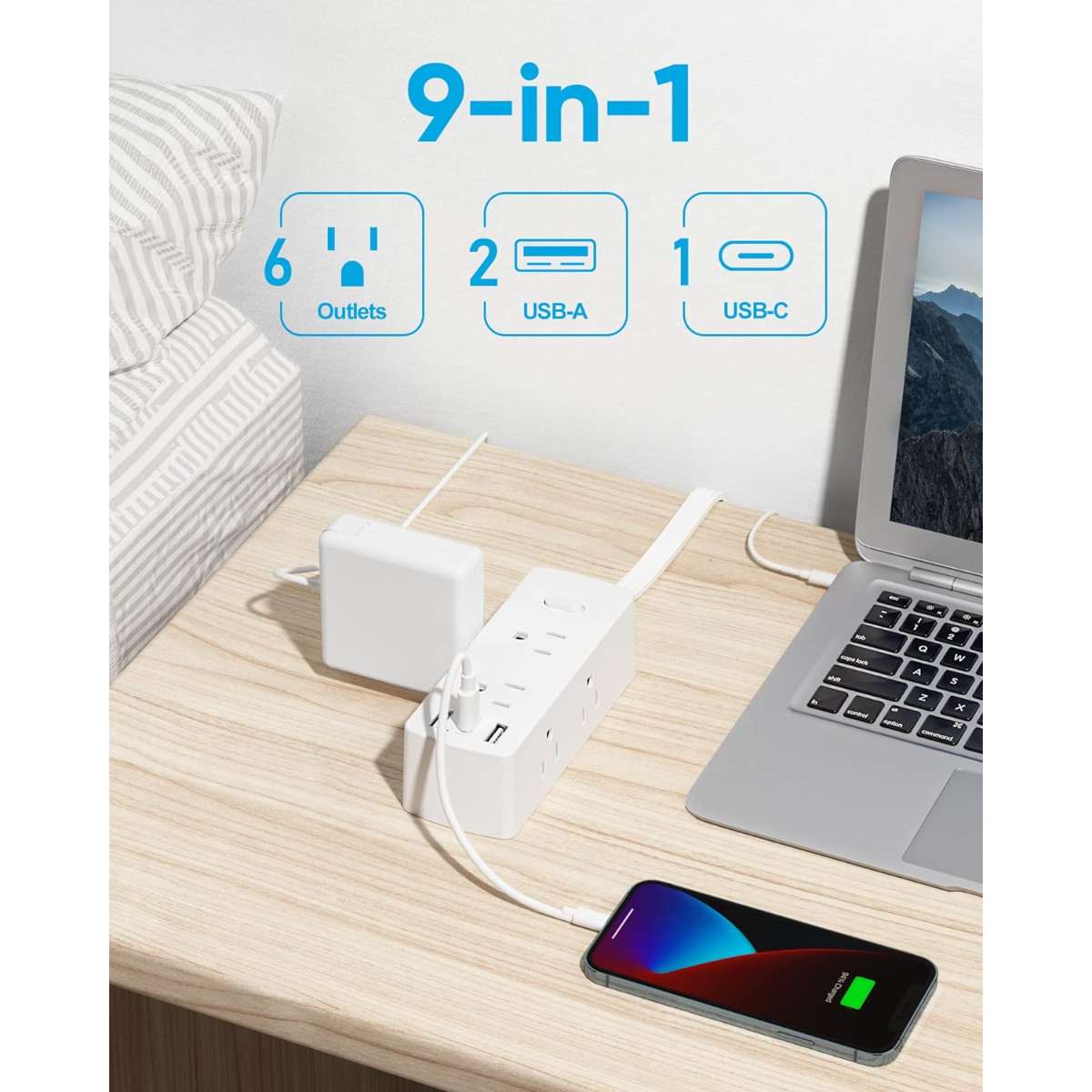Flat Plug Power Strip, Olcorife Flat Extension Cord 5 ft., White