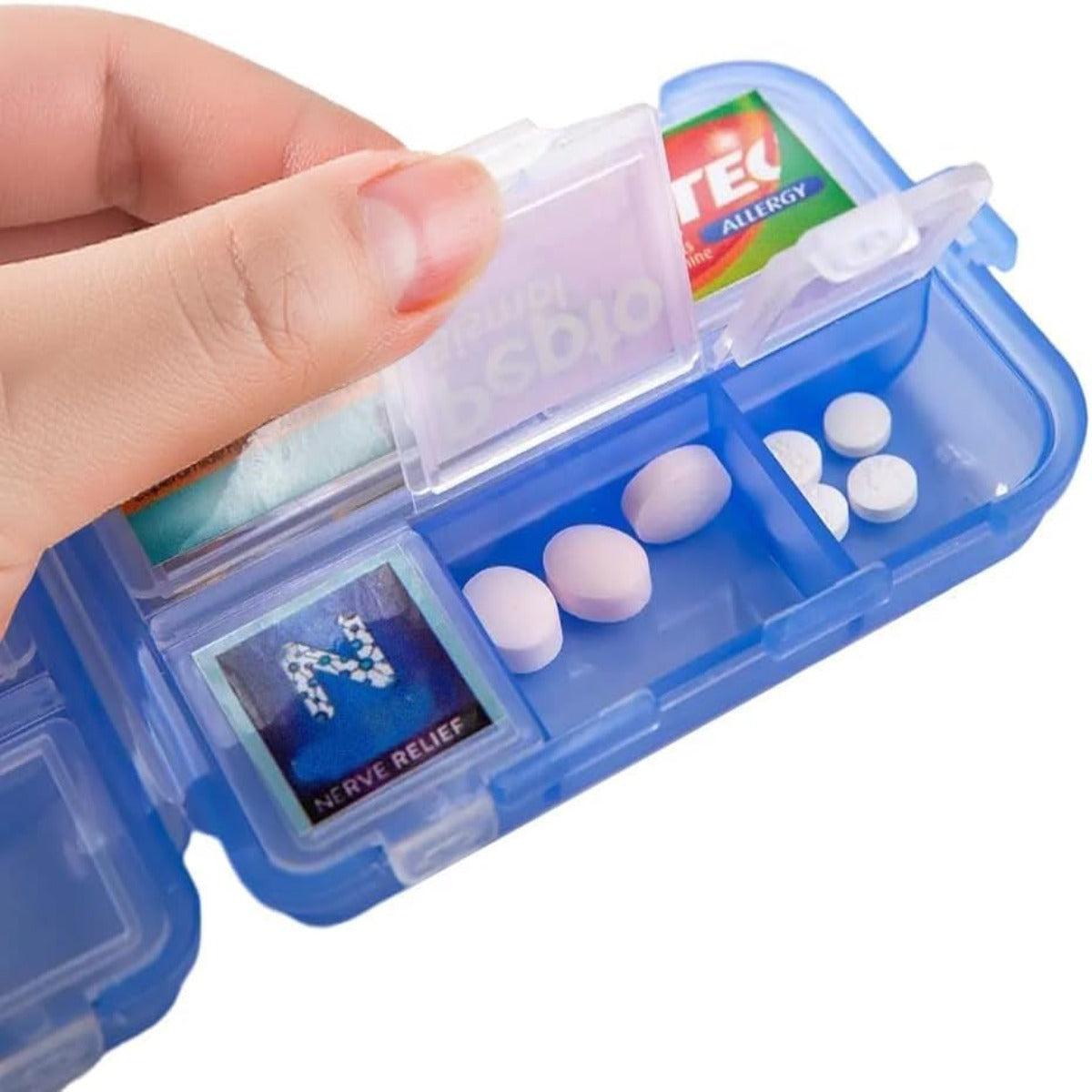 Pill organizer with medication labels (purple, 146 labels)