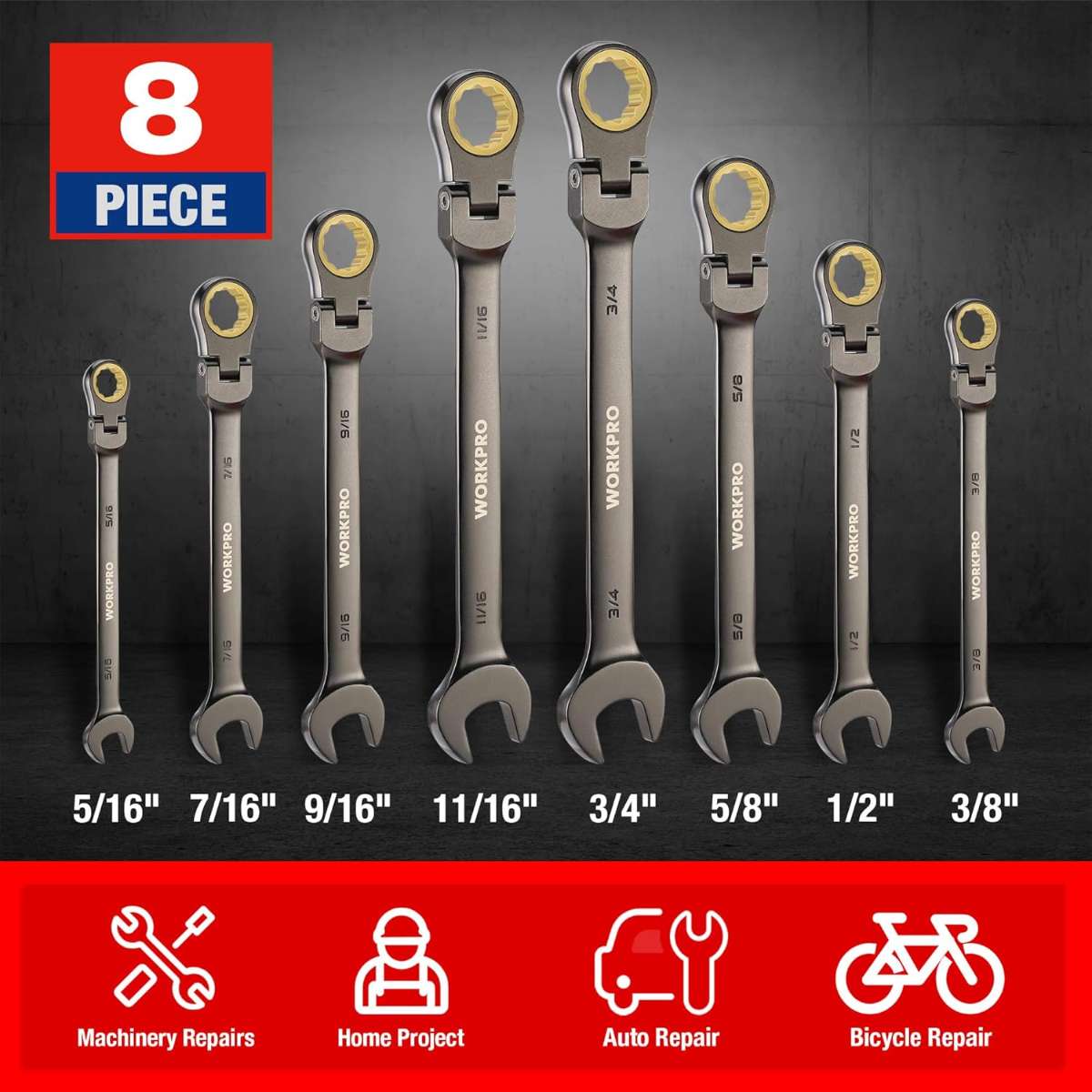 WORKPRO 8-Piece Scratch Head Ratchet Combination Wrench Kit