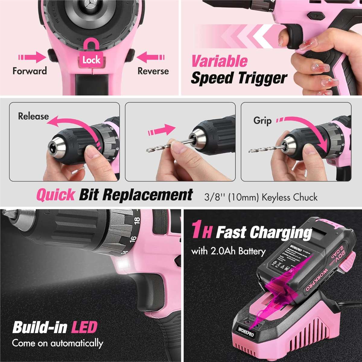 WORKPRO Pink Household Tool Set with Drill Bit-Pink Ribbon