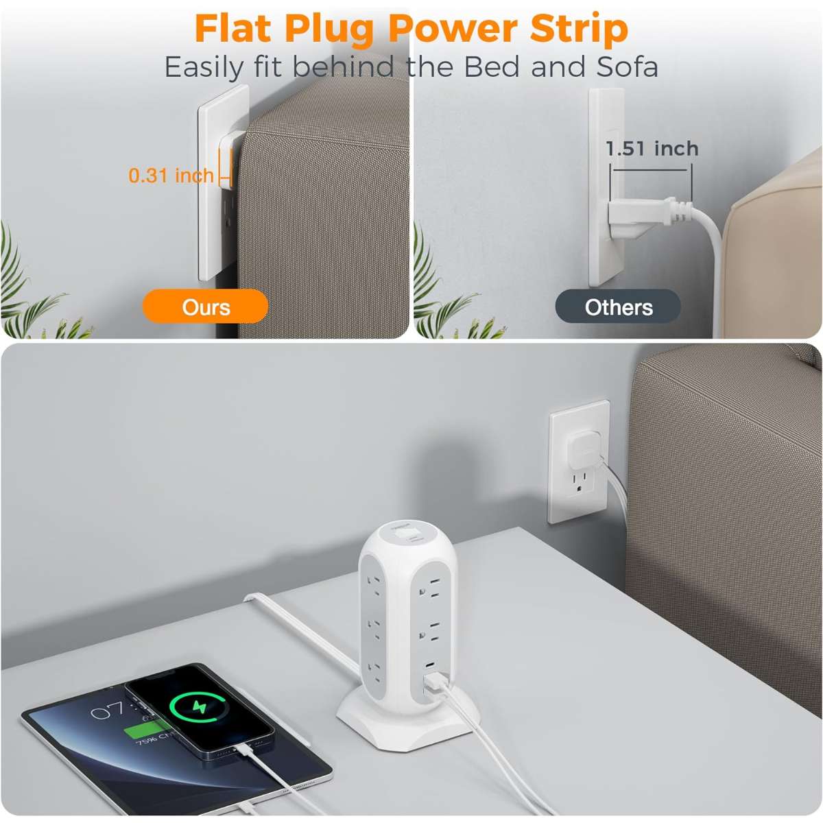 Tower Power Strip Flat Plug with 11 Sockets 3 USB