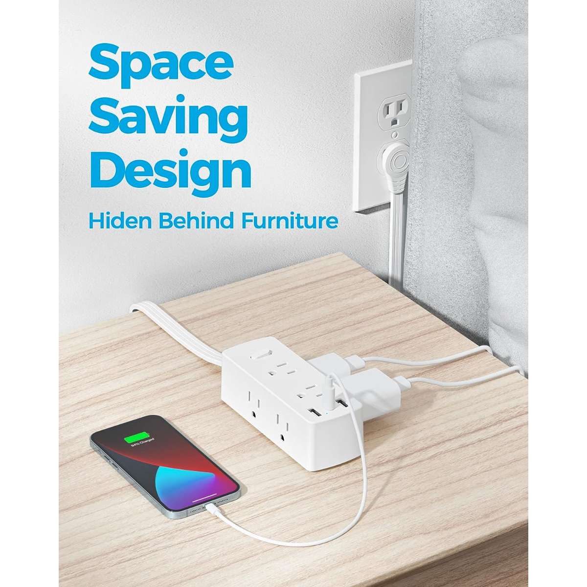 Flat Plug Power Strip, Olcorife Flat Extension Cord 5 ft., White