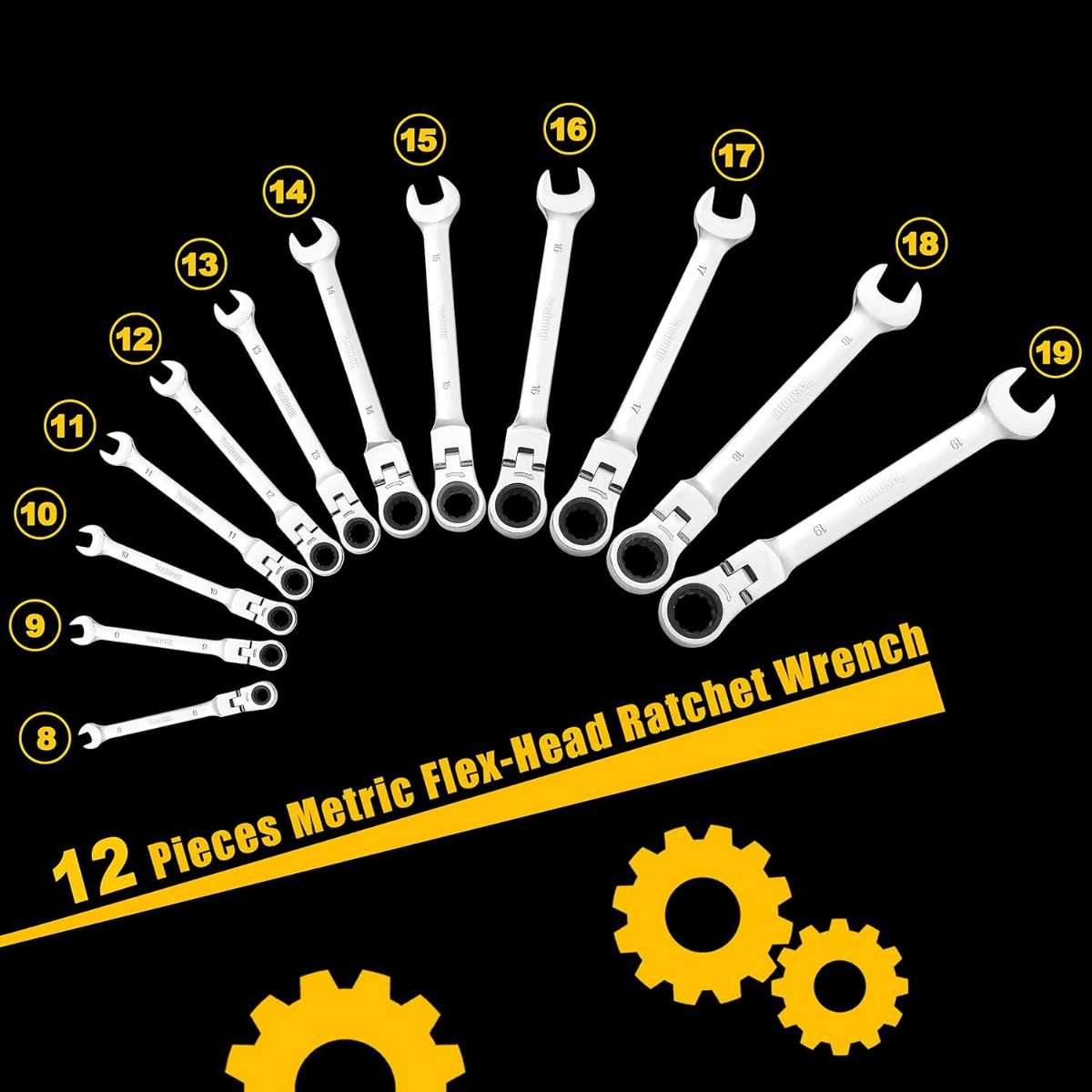 12 Piece 8-19mm Metric Flex Head Ratchet Wrench Set