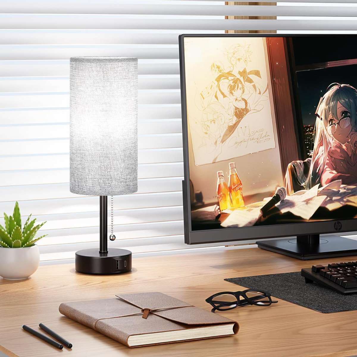 Bedroom bedside table grey bedside lamp with USB A + C charging port