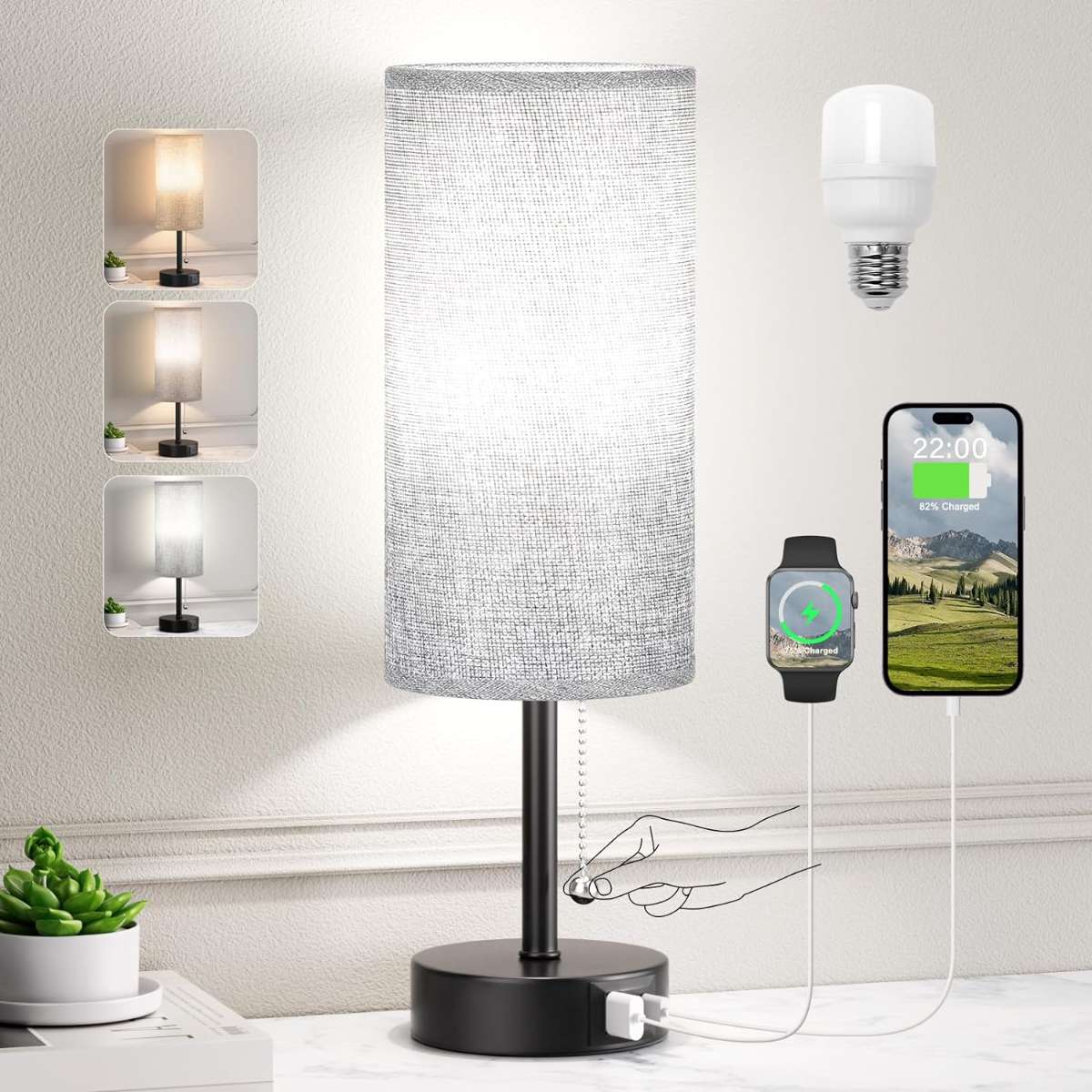 Bedroom bedside table grey bedside lamp with USB A + C charging port