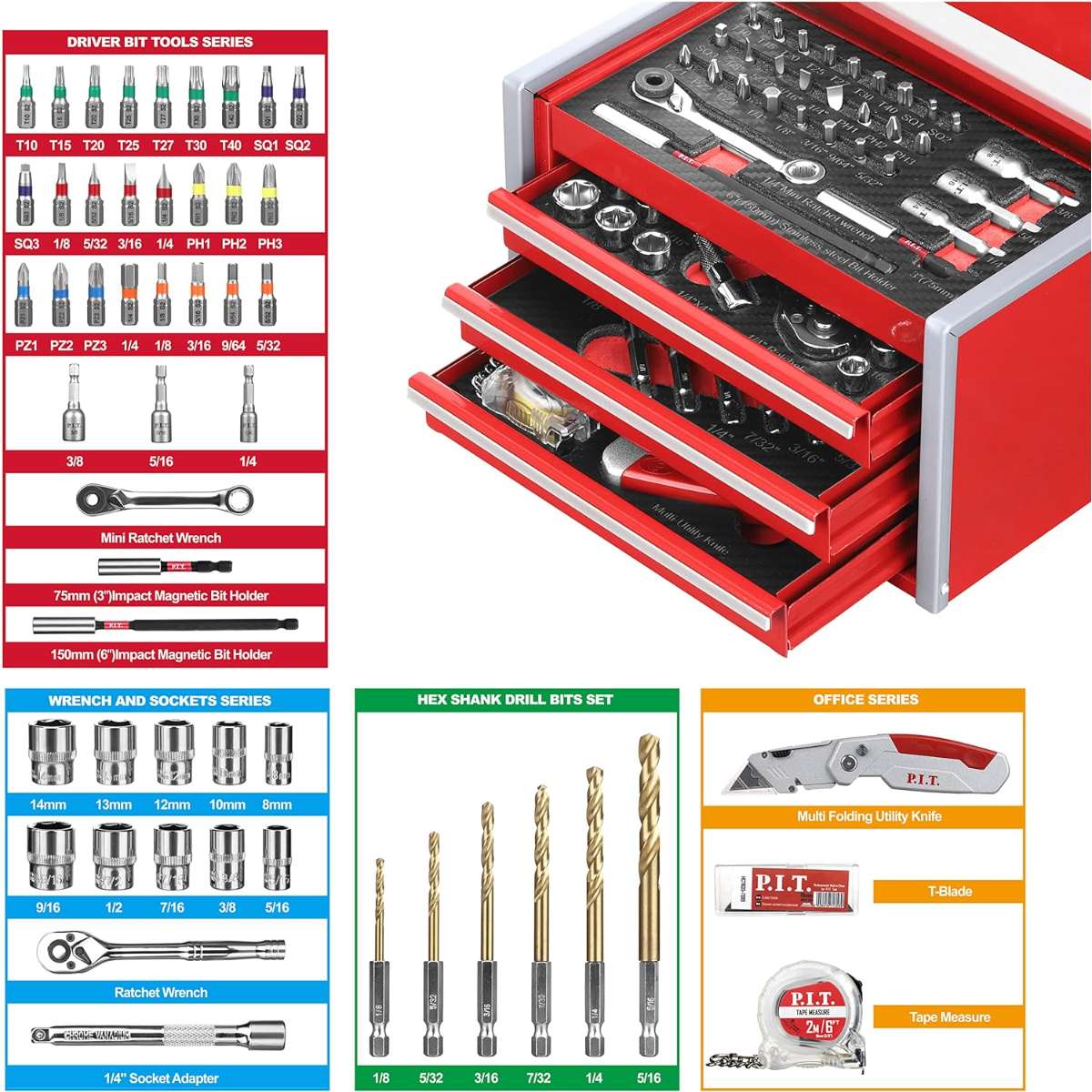 P.I.T. Portable 3 Drawer Steel Tool Box