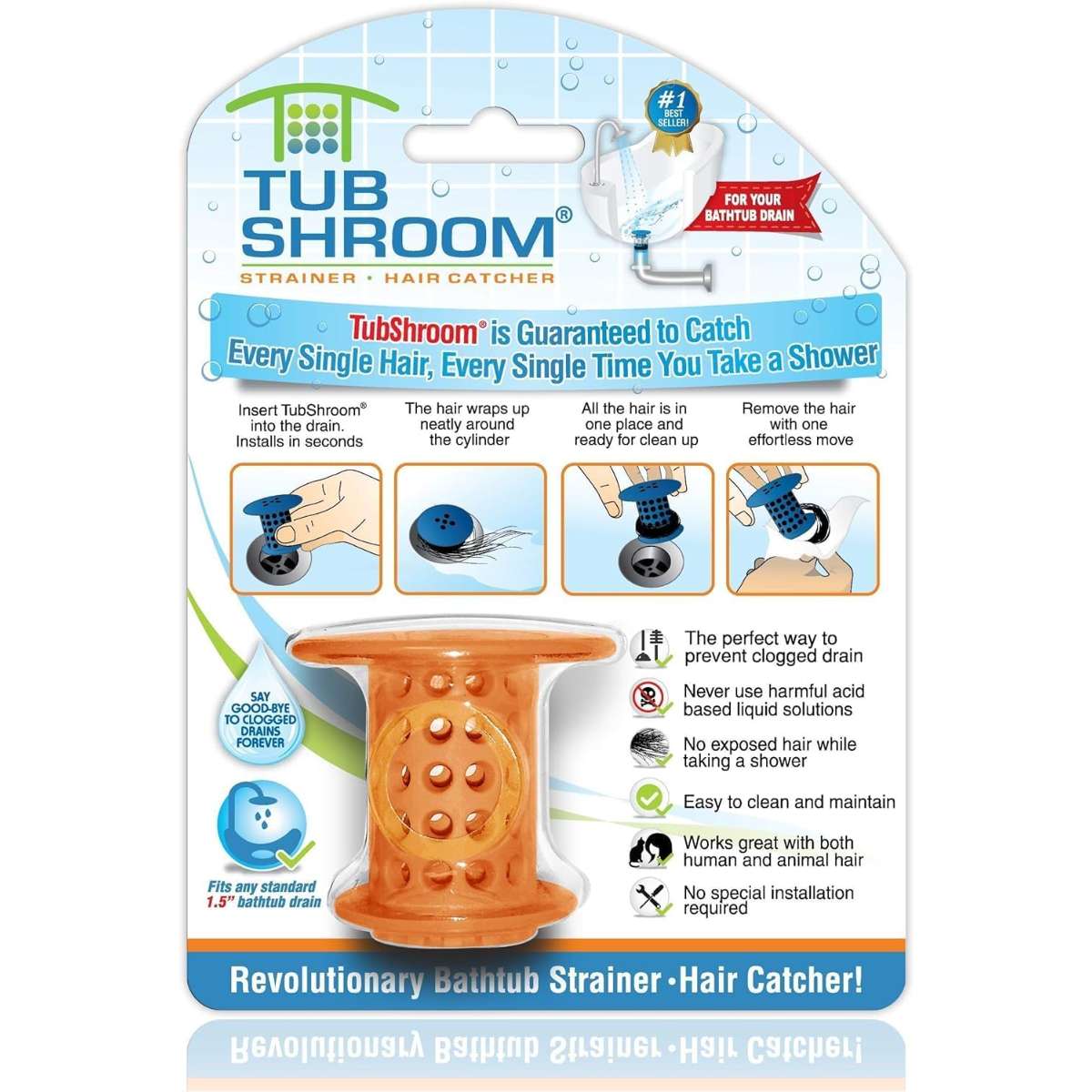 TubShroom Tub Hair Catcher Protector, Fits 1.5" - 1.75" Drain, Orange