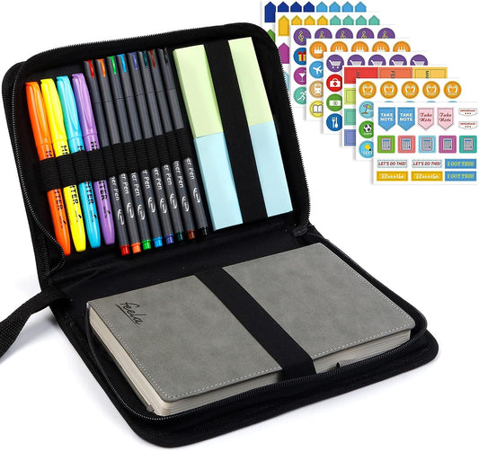 Student school supplies, highlighters, note stickers, fine pens, gray