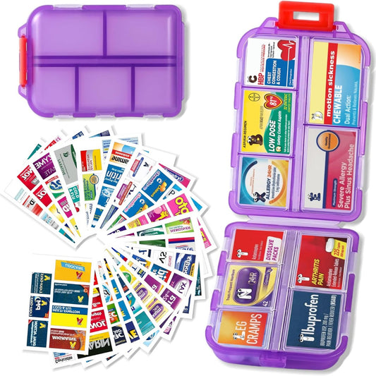 Pill organizer with medication labels (purple, 146 labels)