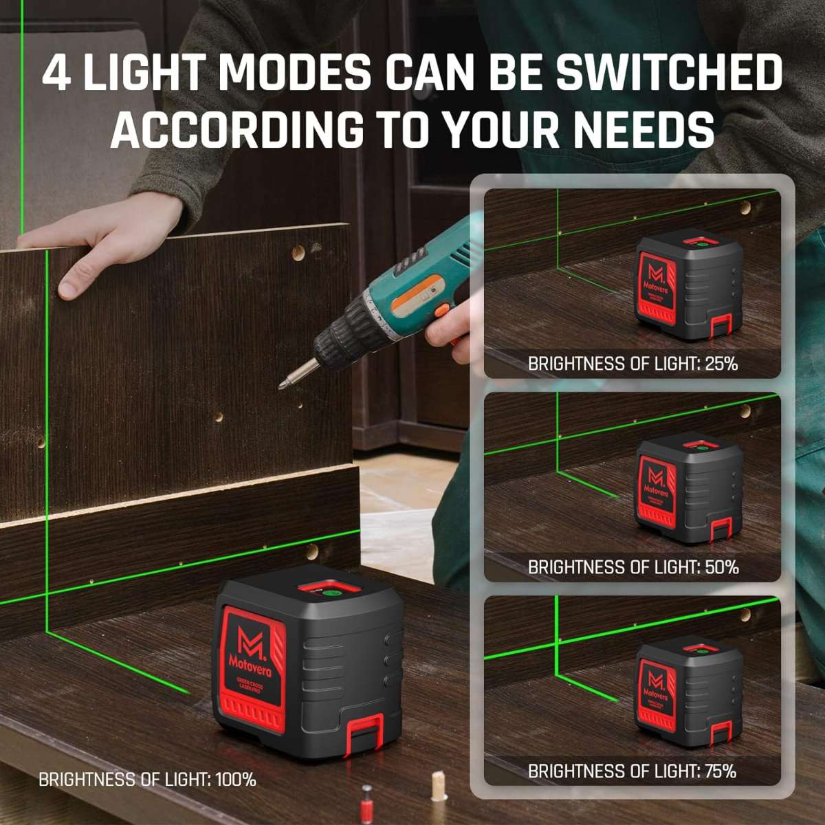 The laser level green crosshair is automatically leveled