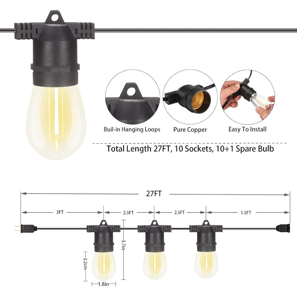 S14 LED Outdoor String Light, Shatterproof IP65 4-Pack x 27ft (Max 918ft)