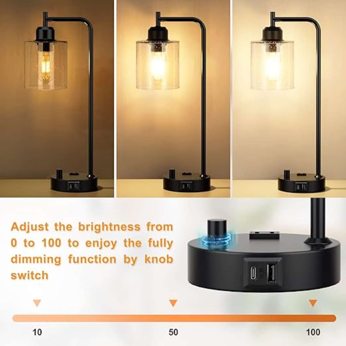 Industrial bedside table lamp for bedroom - Bedside table lamp with USB C charging port