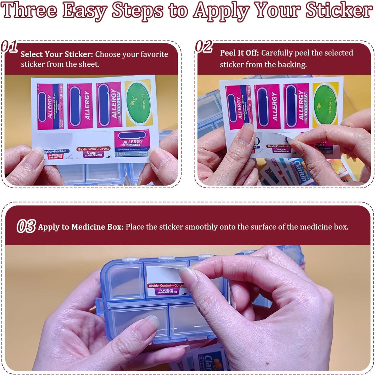 Pill organizer with medication labels (purple, 146 labels)