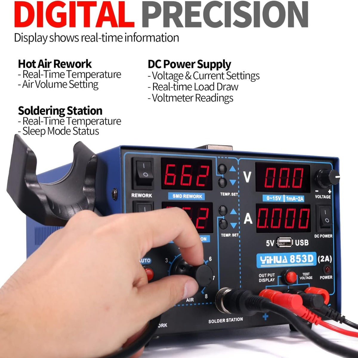 Yihua 853D 2A USB SMD hot air rework soldering iron station