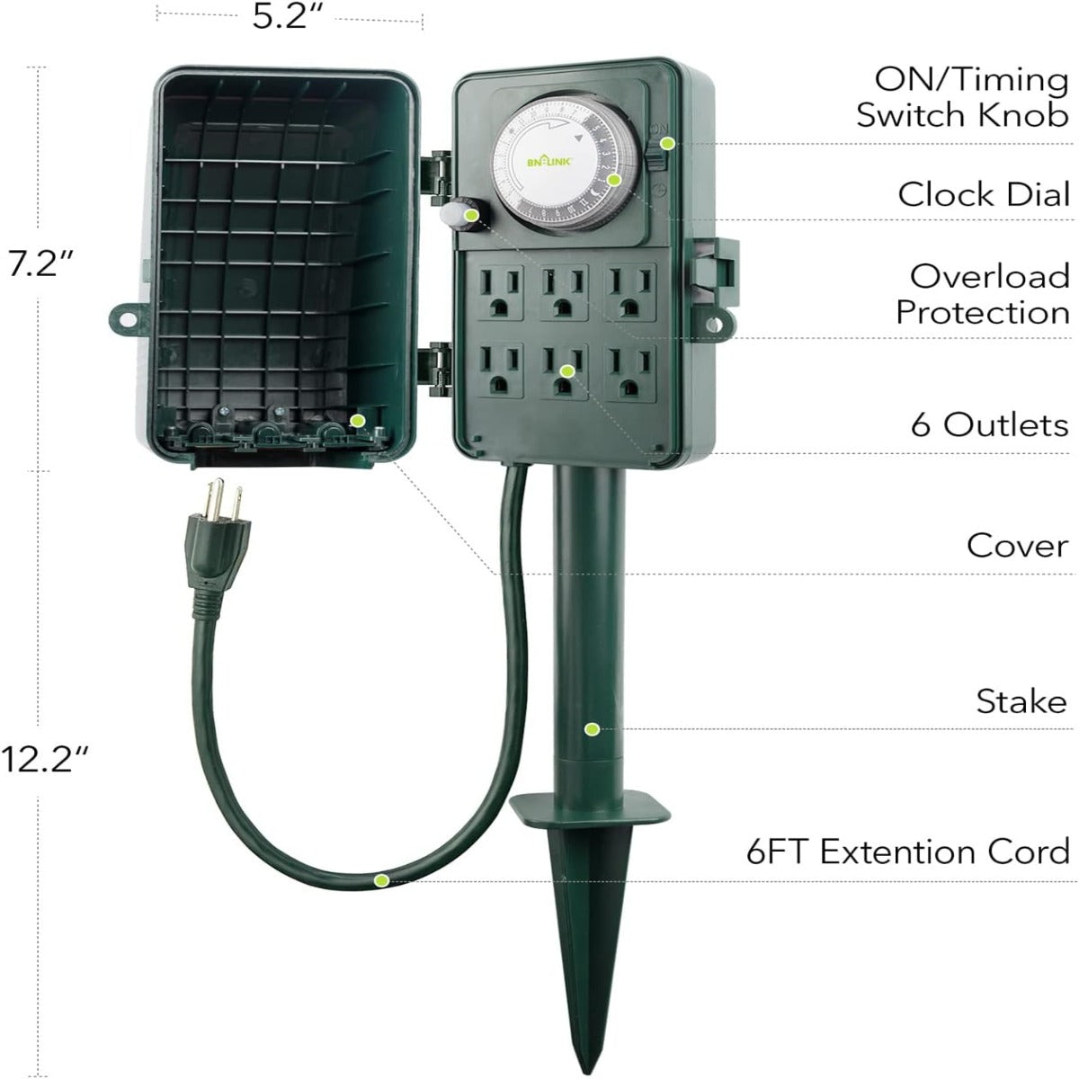 BN-LINK 24-hour mechanical outdoor multi-socket timer ETL listed, 125V, 15A/1875W