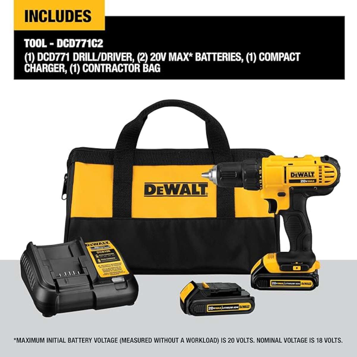 DEWALT 20V Max Rechargeable Drill/Screwdriver Kit, (DCD771C2)