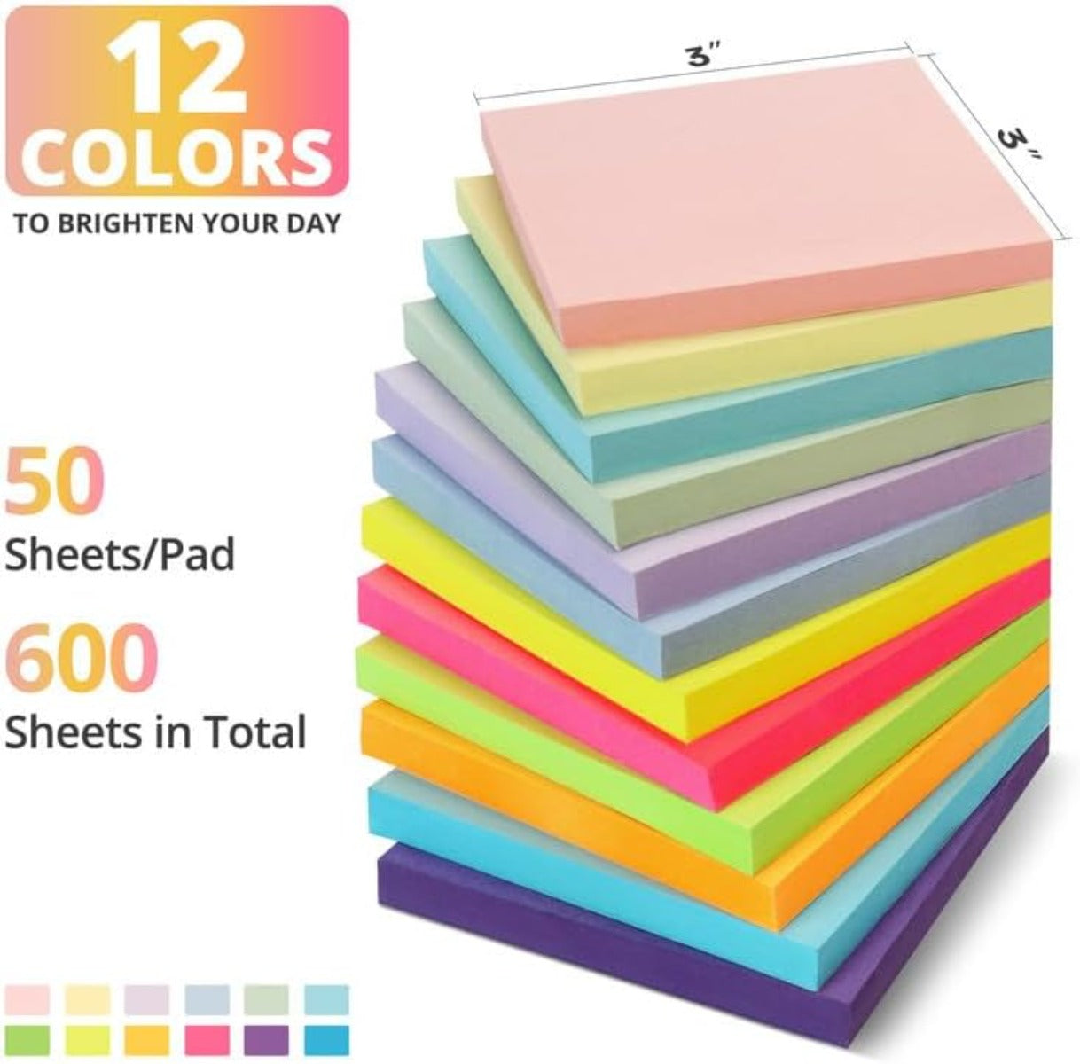Color self-adhesive sticky notes, 12 sticky notes, 3x3 inches