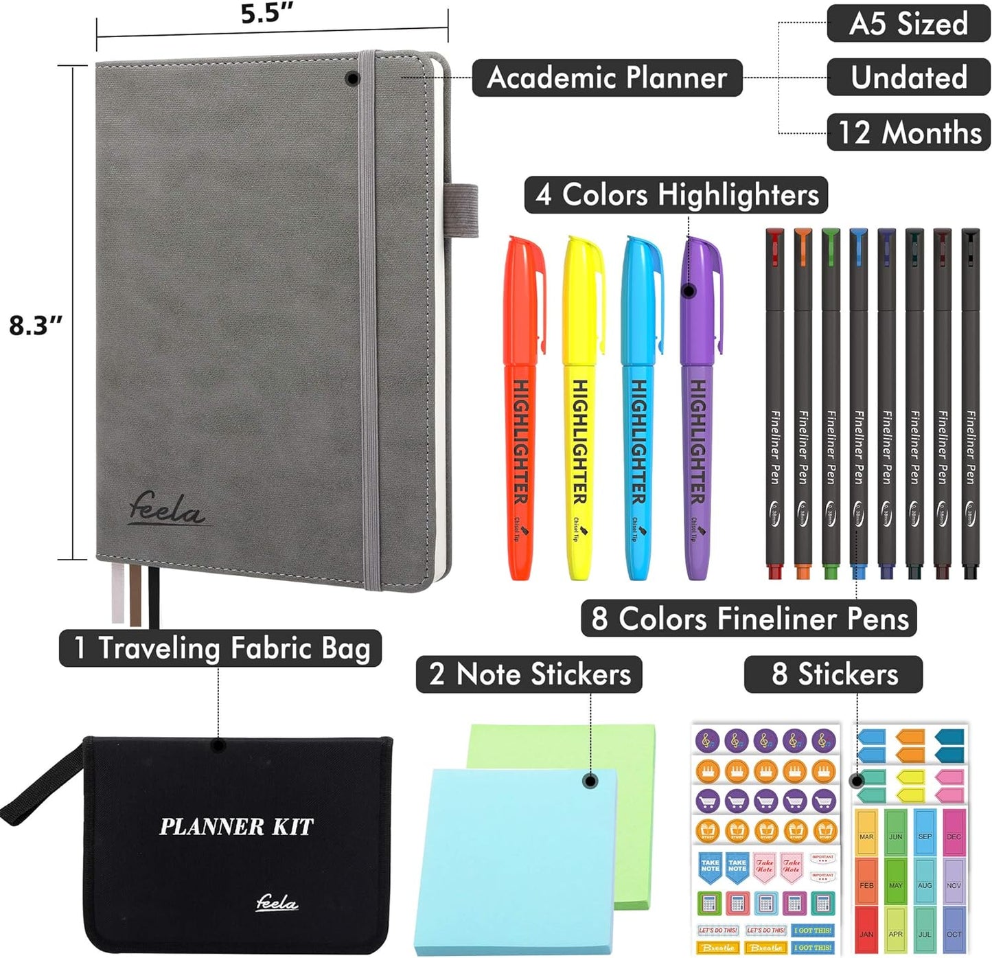 Student school supplies, highlighters, note stickers, fine pens, gray