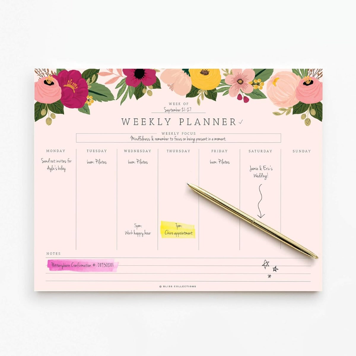 Bliss collects a weekly planner