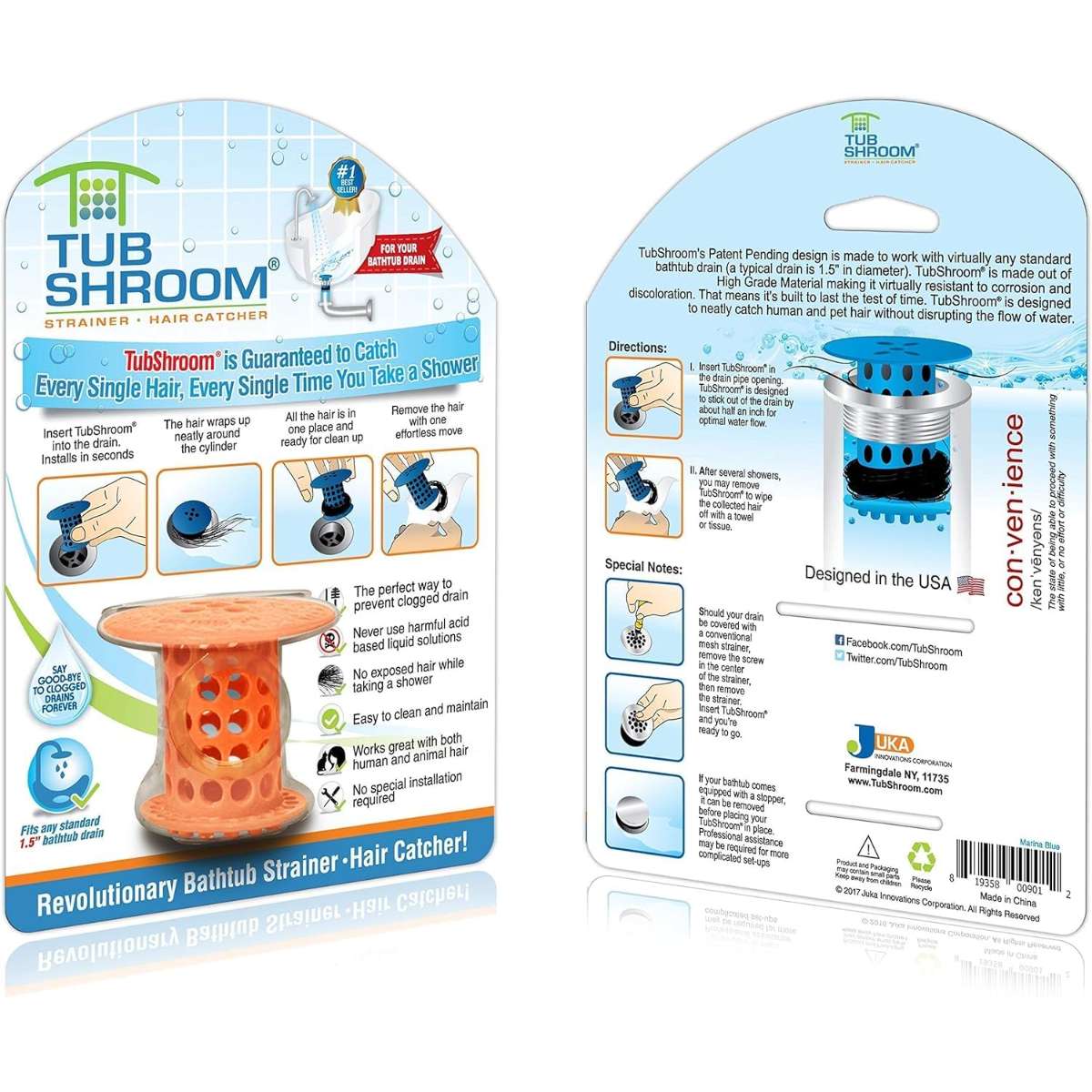 TubShroom Tub Hair Catcher Protector, Fits 1.5" - 1.75" Drain, Orange