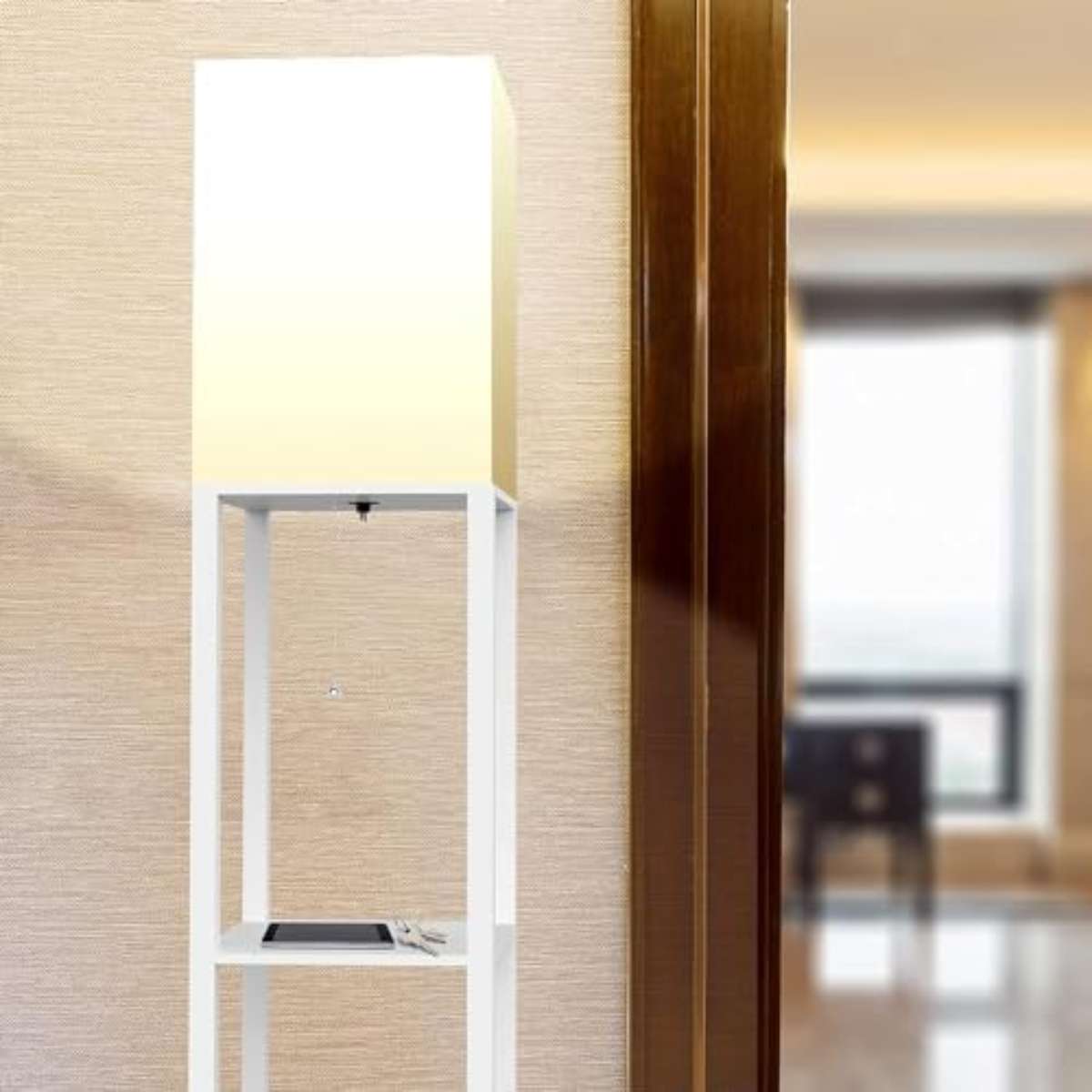 PAZZO Floor Light with Solid Wood Shelf (White)