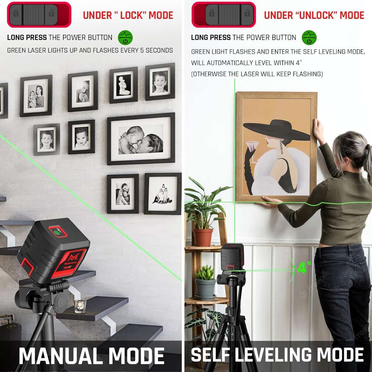 The laser level green crosshair is automatically leveled