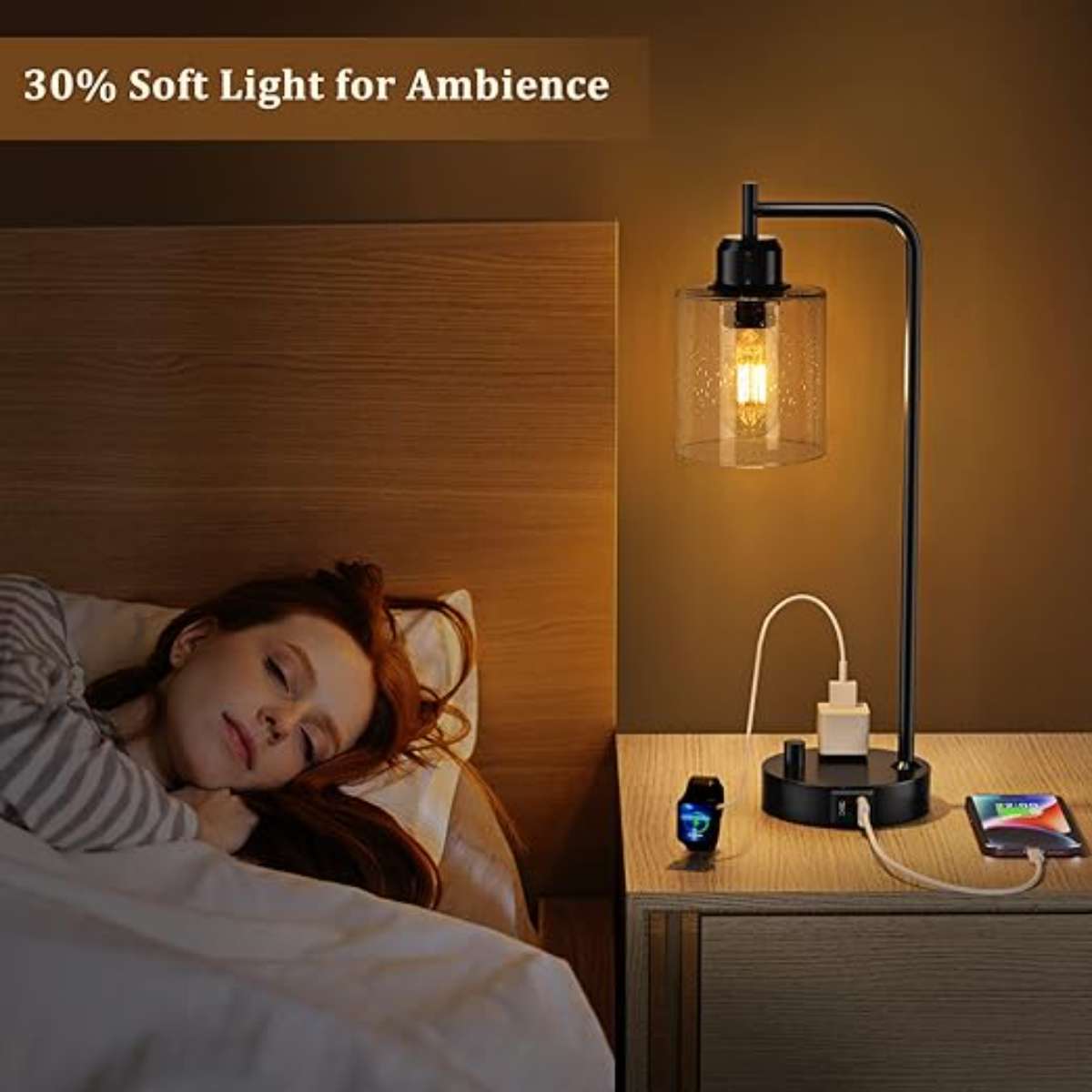 Industrial bedside table lamp for bedroom - Bedside table lamp with USB C charging port