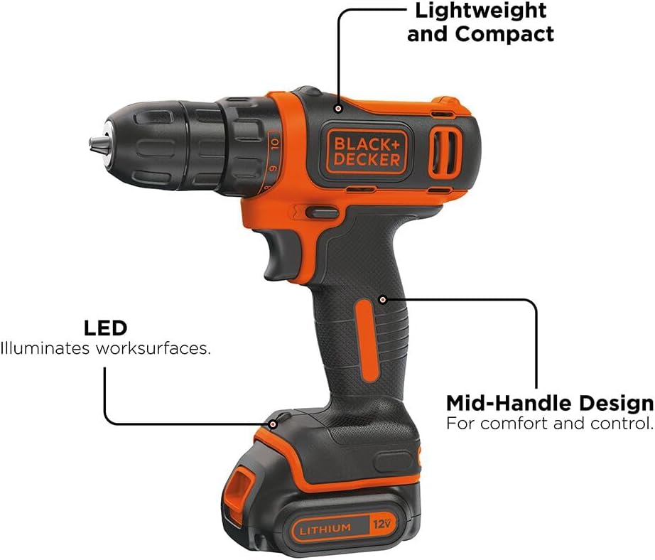 BLACK+DECKER 12V MAX Drill & Household Tools Kit, 60 Pieces (BDCDD12PK)