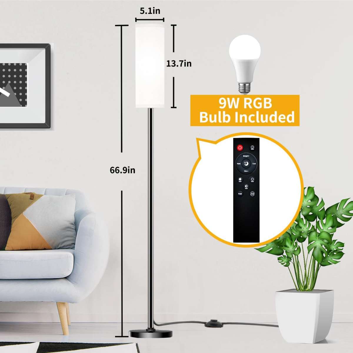 Floor lamp in the living room bedroom with remote control (white)