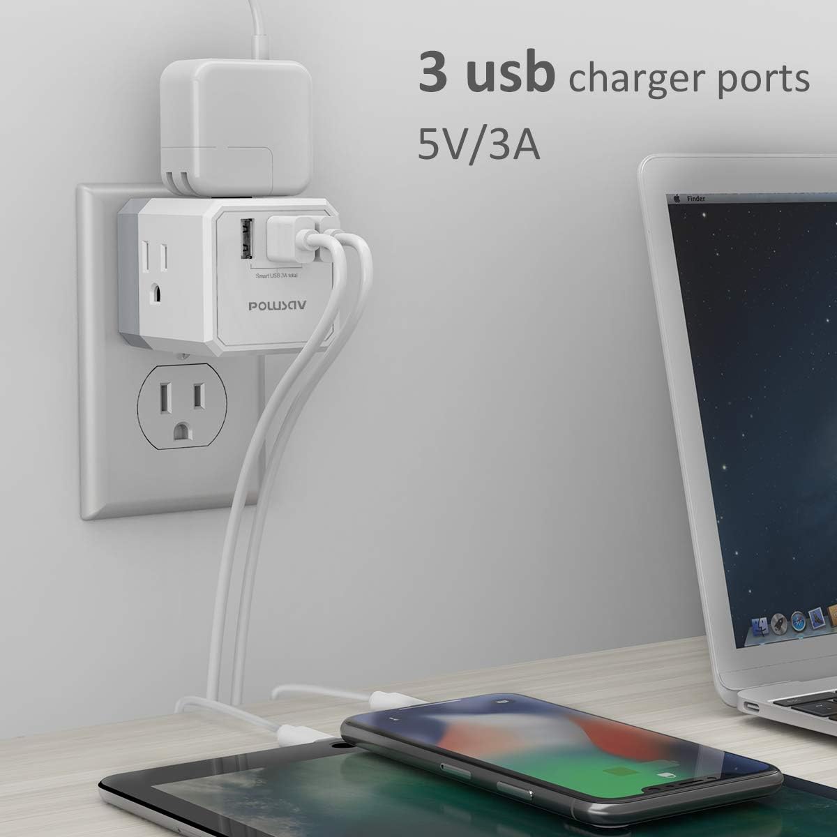 3-socket USB wall charger and extender with 3-way splitter
