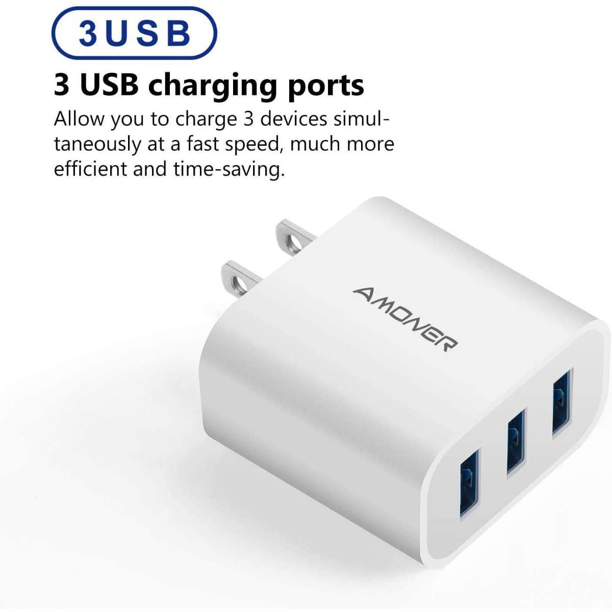 Amoner USB Wall Charger, 2-Pack Upgrade 15W 3-Port USB Charging Block