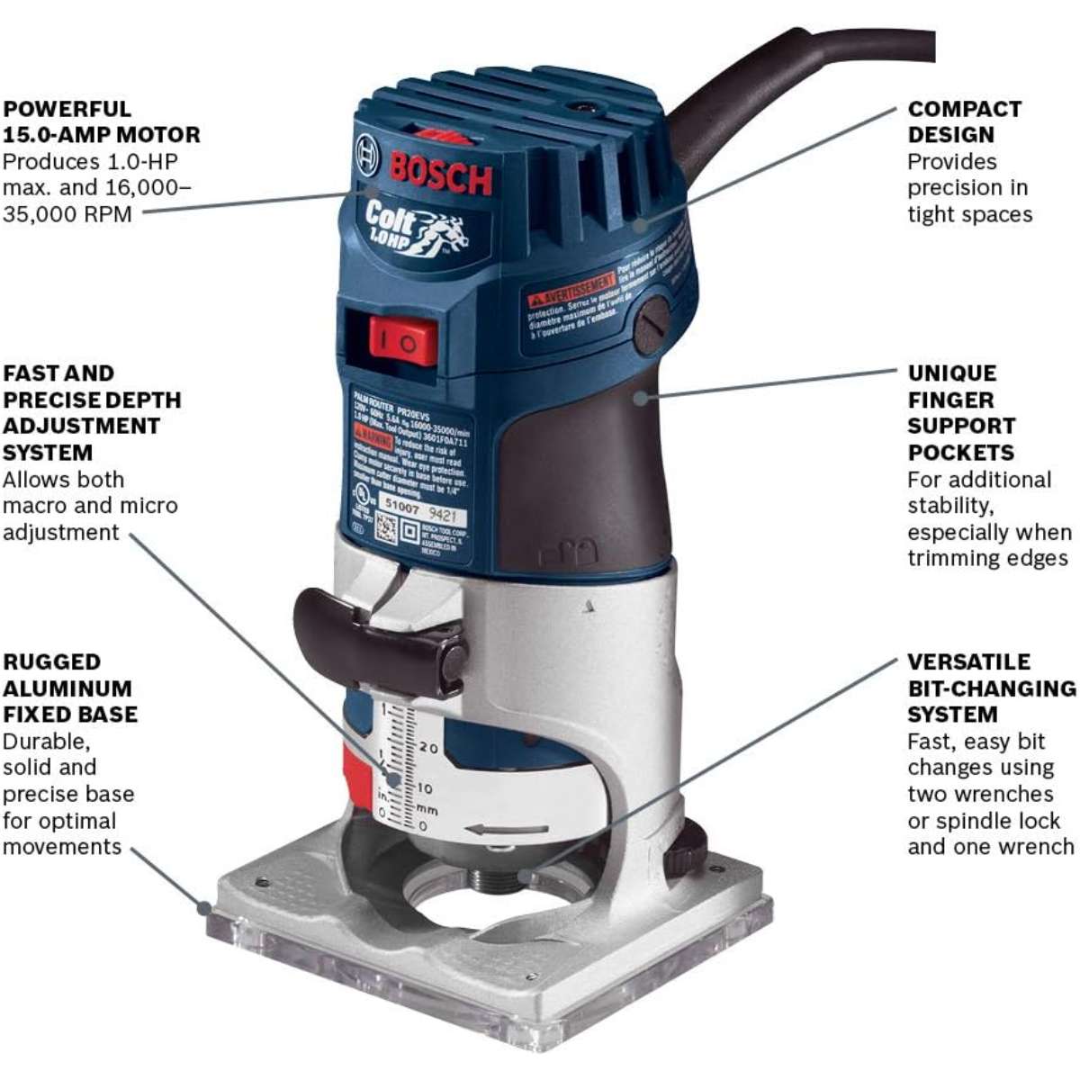 BOSCH PR20EVS ROUTER TOOL, 1 HP 5.6 AMP ELECTRONIC SHIFT