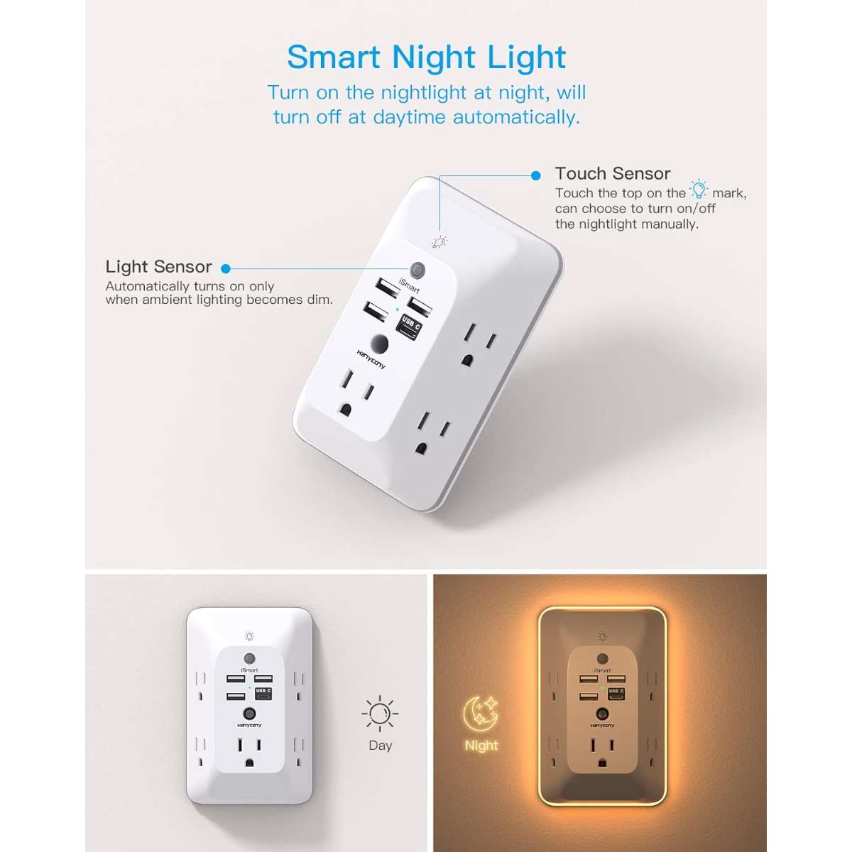 Socket extenders with night lights, multi-plug sockets