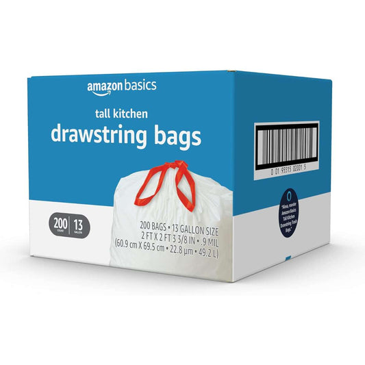 Amazon Basics Tall Kitchen Drawstring Trash Bags, 13 Gallon, 200 Count, Pack of 1