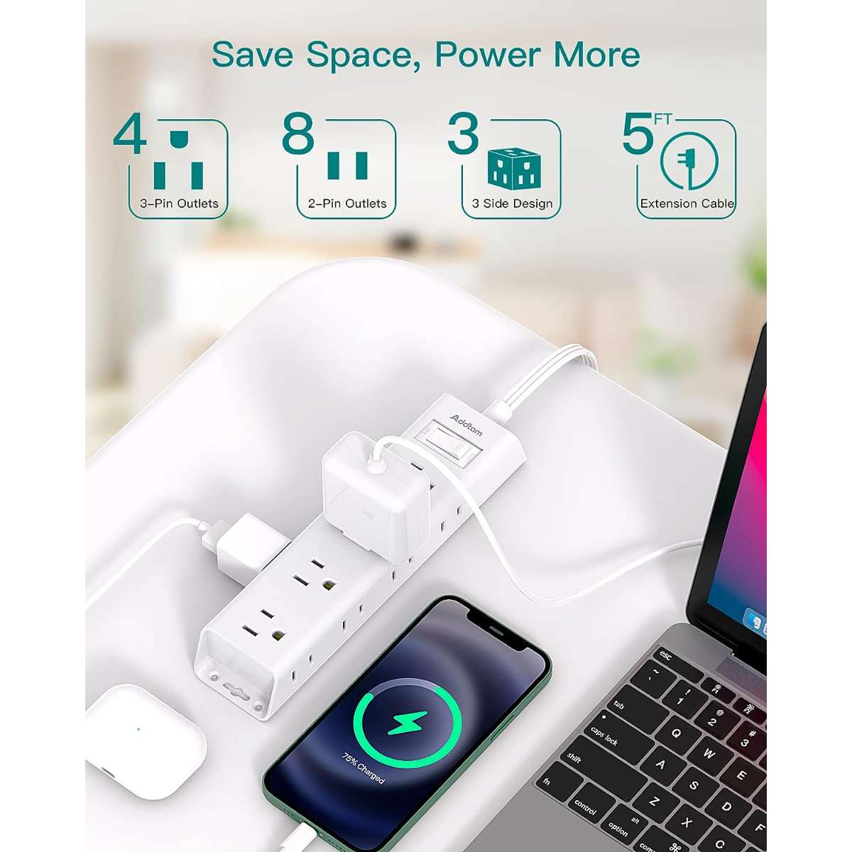 Flat plug power strip, slim extension cord