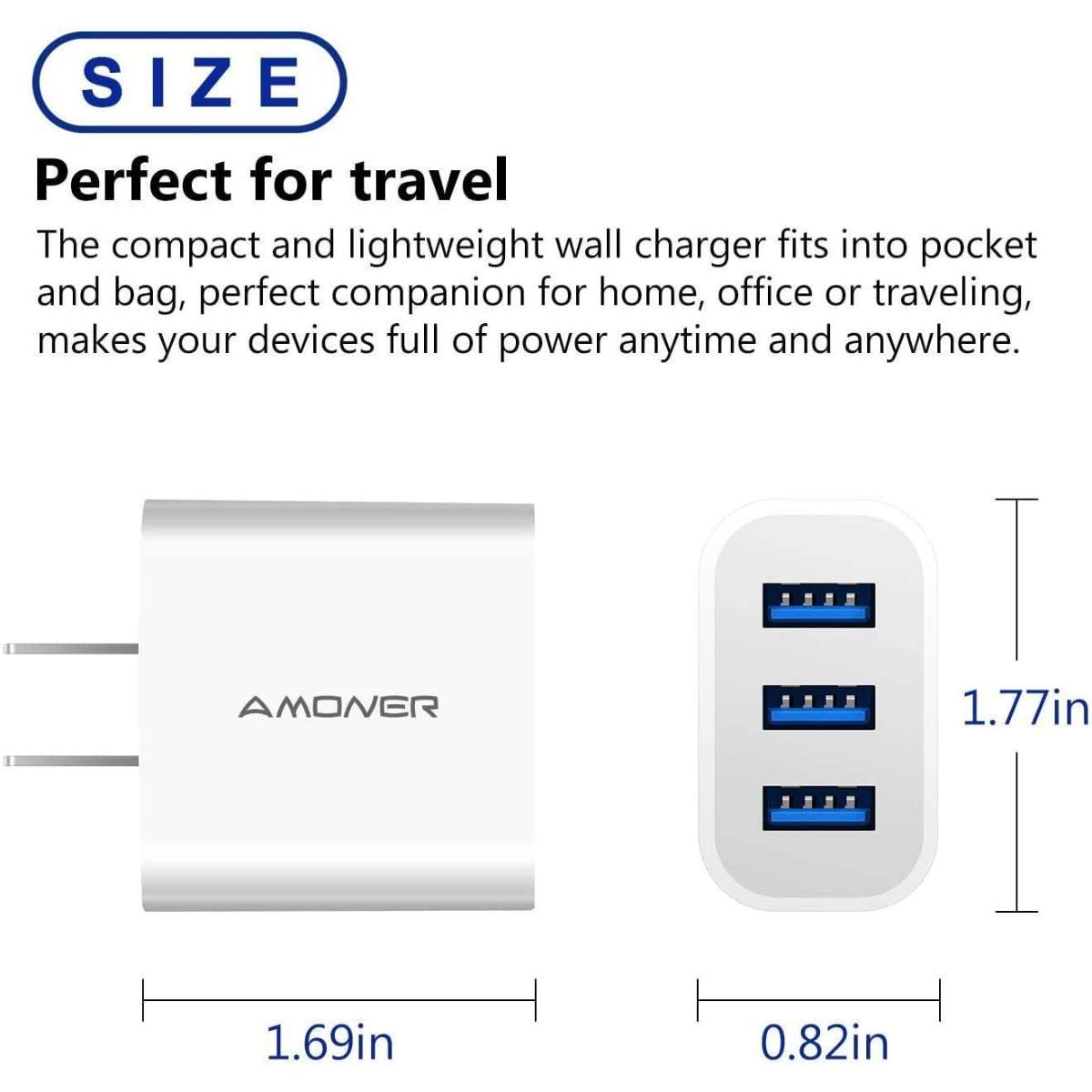 Amoner USB Wall Charger, 2-Pack Upgrade 15W 3-Port USB Charging Block