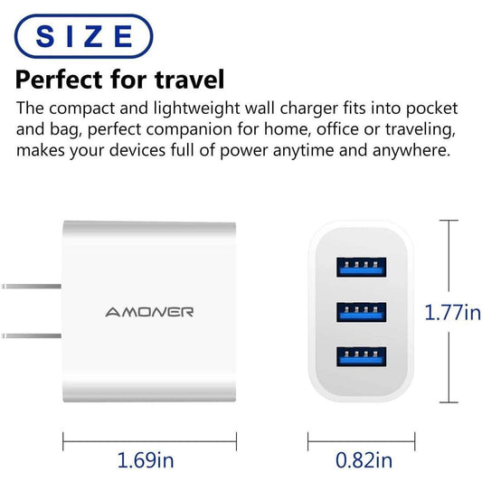 Amoner USB Wall Charger, 2-Pack Upgrade 15W 3-Port USB Charging Block