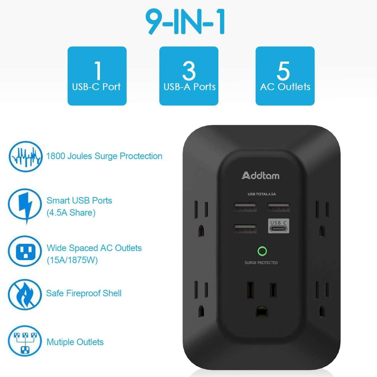 USB Wall Charger Surge Protector - Black