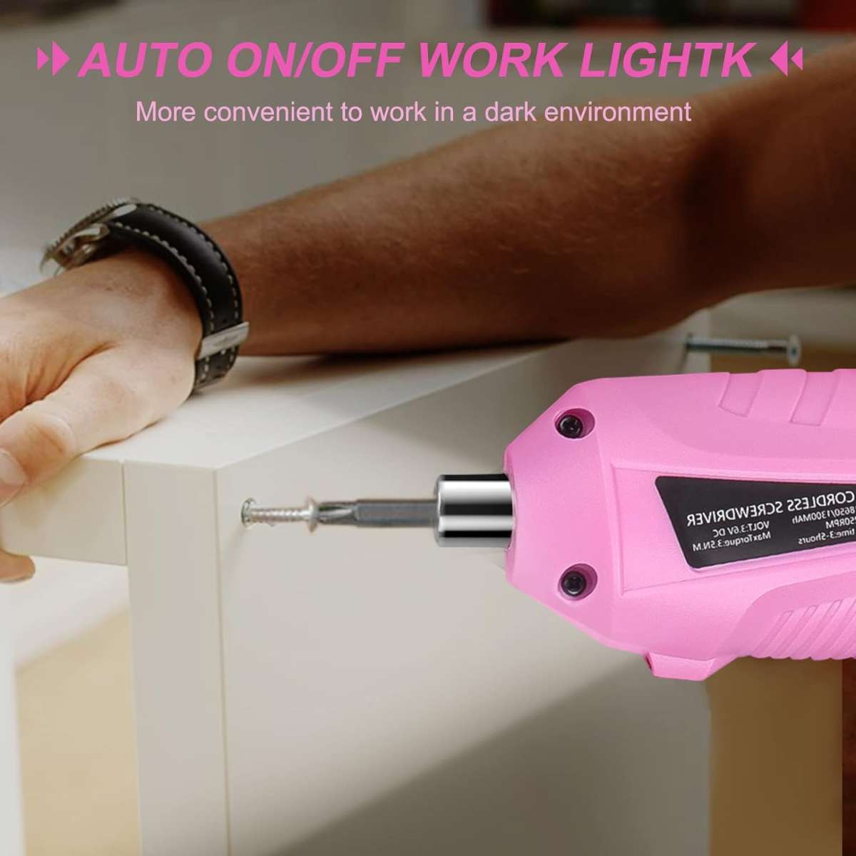 Pink cordless screwdriver set with rechargeable battery and charger