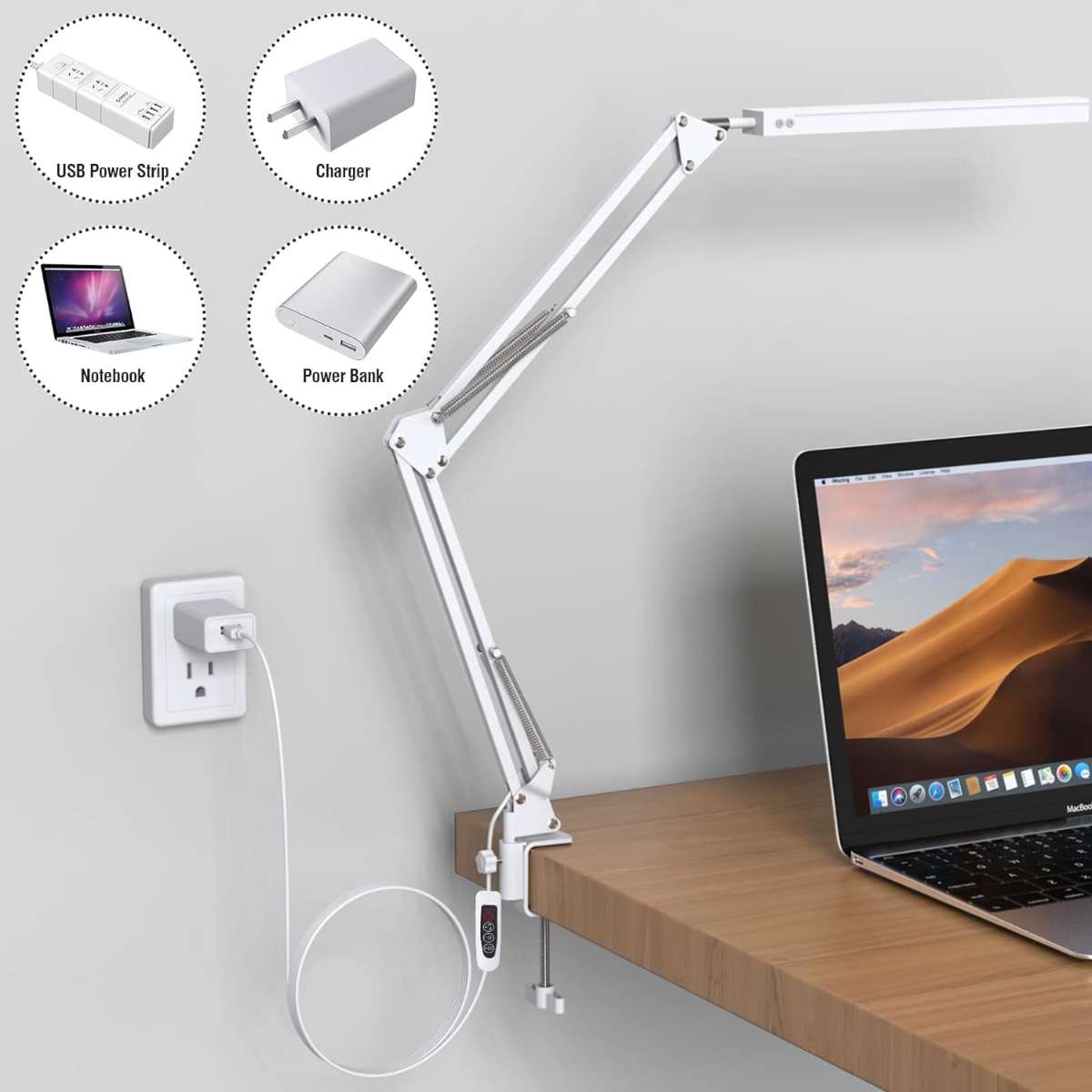 LED Desk Lamp, Swing Arm Desk Lamp with Clip White-14W