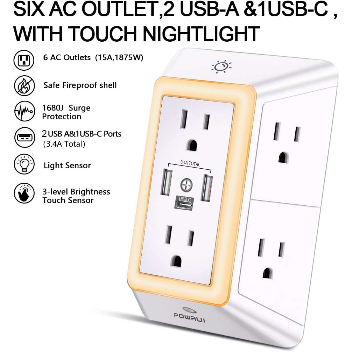 Multi-Plug Socket Surge Protector - White, ETL listed