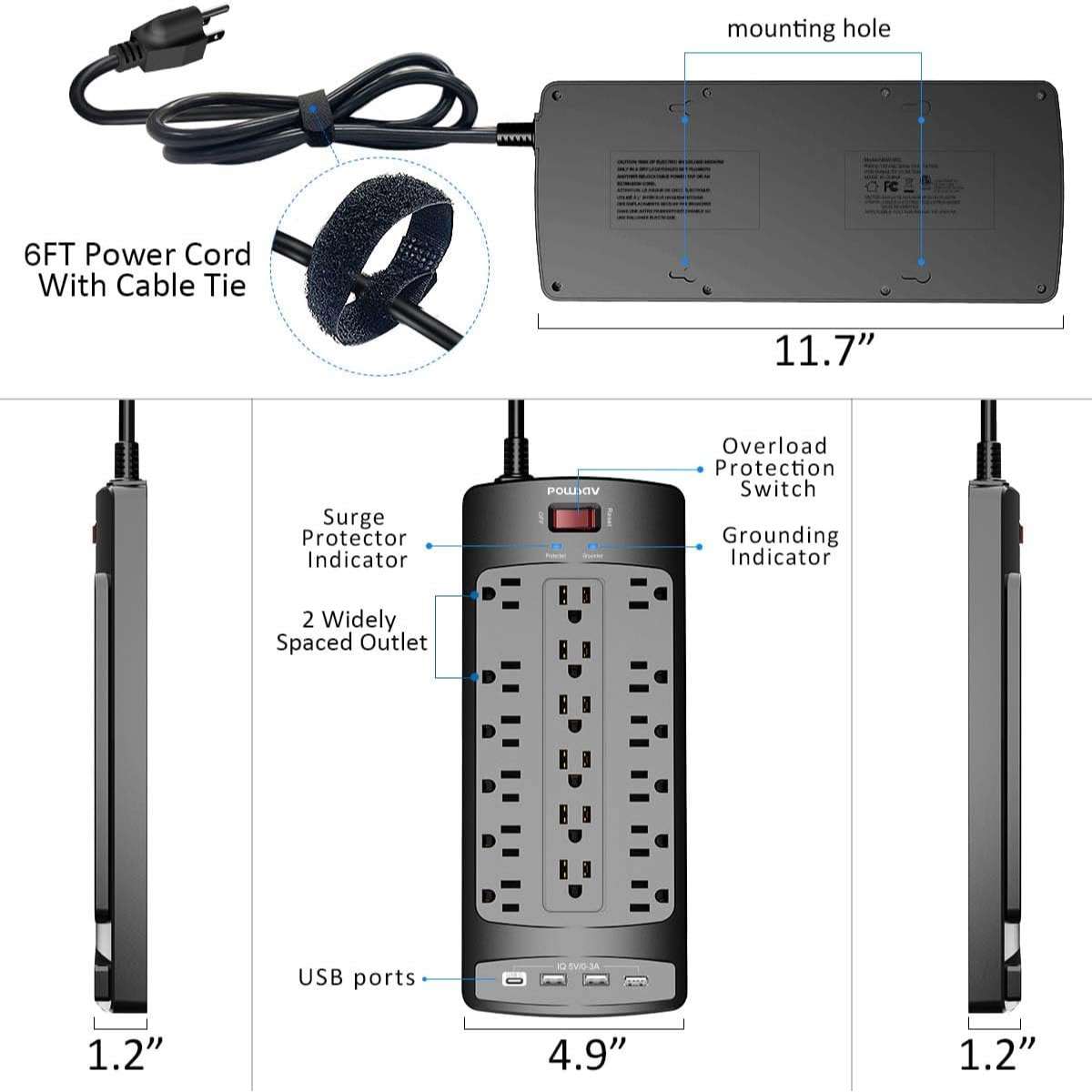 18 Socket Surge Protector Power Strip Black, ETL Certified