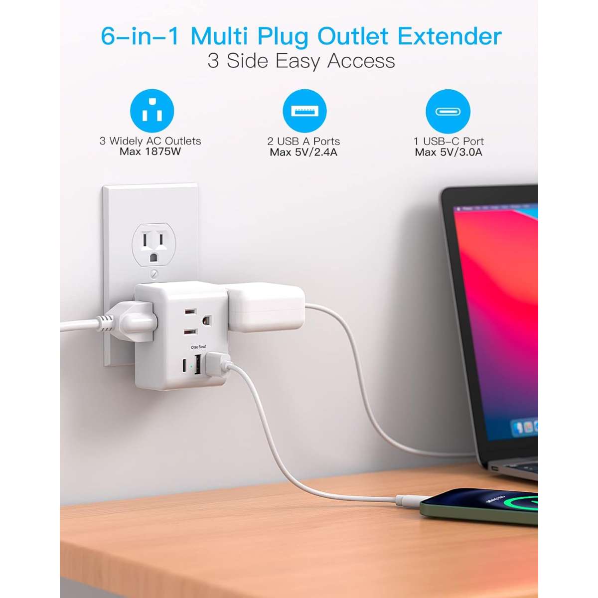 Multi-Plug Socket Extender with 3 USB Wall Chargers